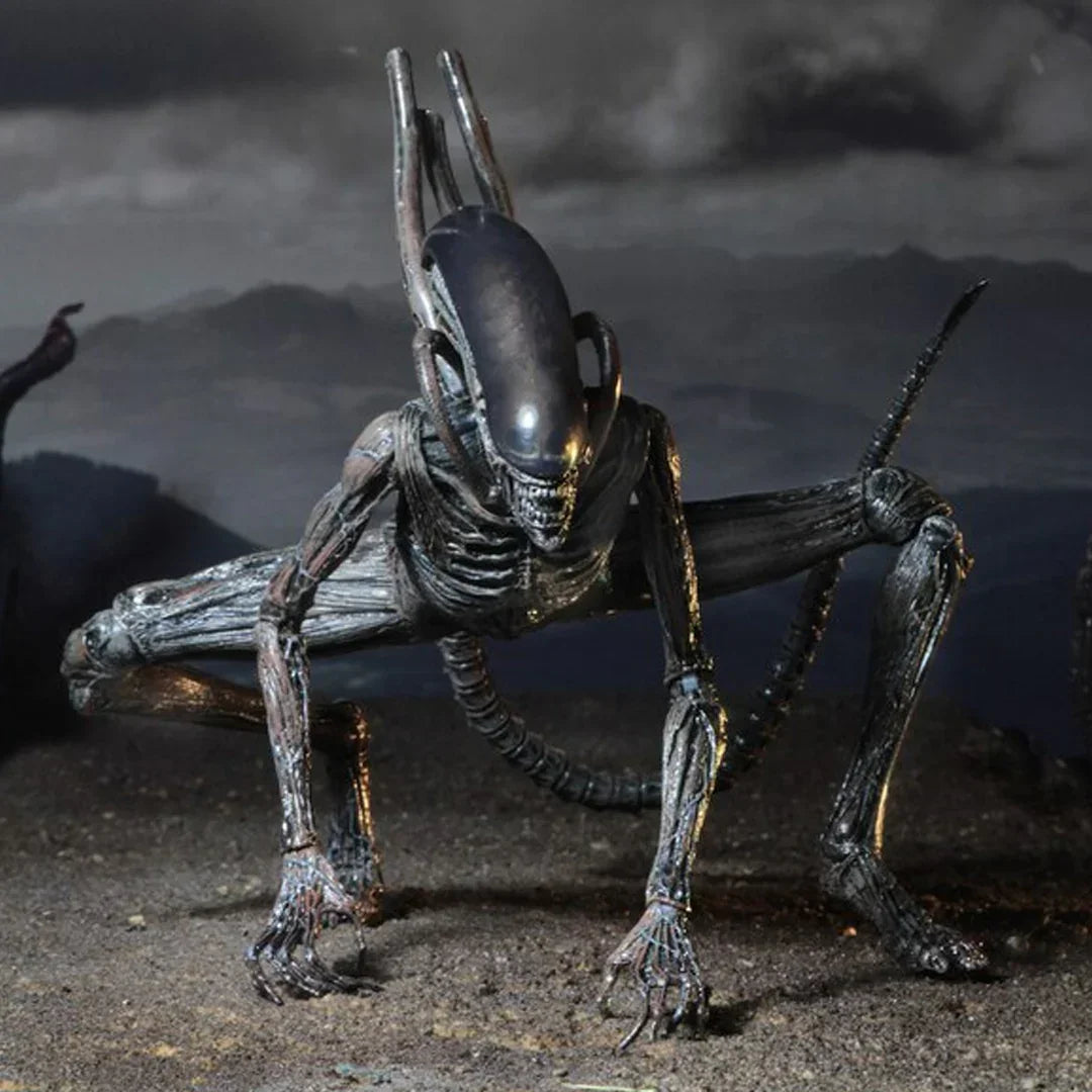 Alien creature action figure with elongated head and tail posed on rocky terrain