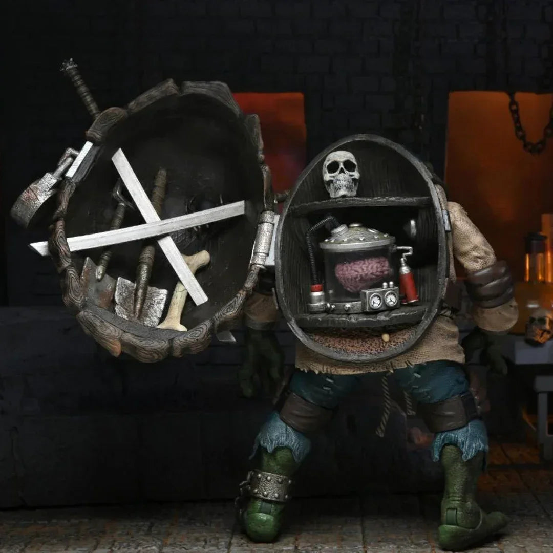 Action figure with hinged shell revealing weapons, tools, skull, and brain experiment inside.