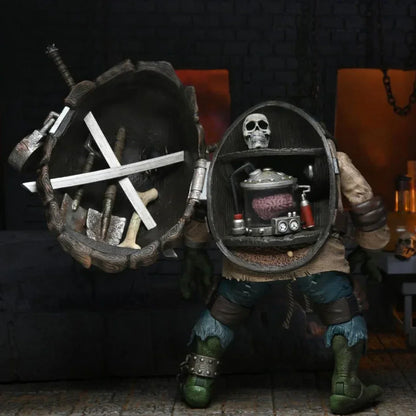 Action figure with hinged shell revealing weapons, tools, skull, and brain experiment inside.