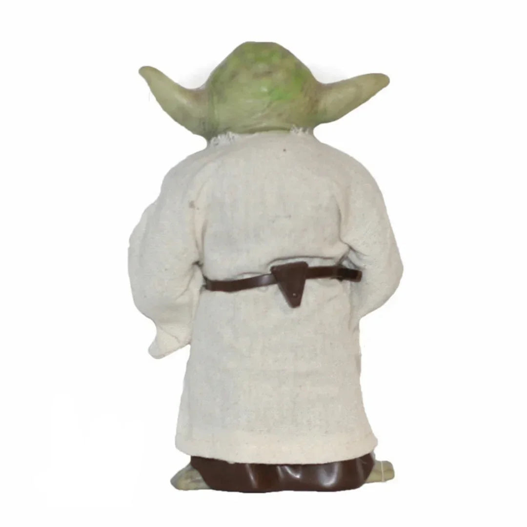 Yoda action figure in beige robe and brown belt, viewed from the back on white background