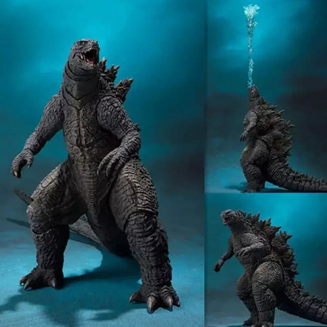 Godzilla action figure collectible toy with blue atomic breath accessory on blue background