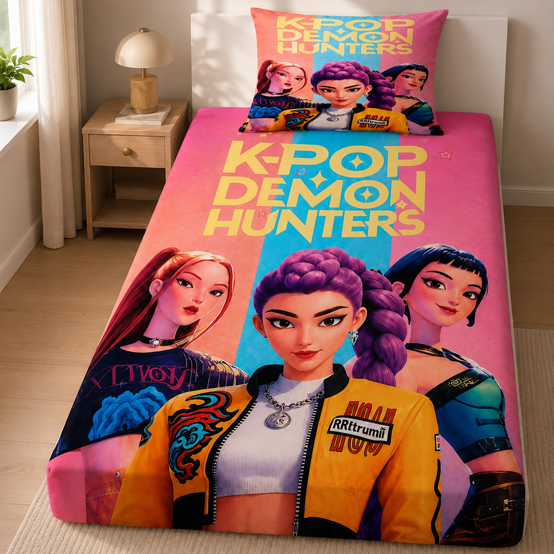 Huntrix Deluxe K-Pop Bedsheet Set 1 Single | 60 x 90 Inch Soft Microfiber Single Bed Sheet with 1 Pillow Cover | Vibrant K-Pop Inspired Design