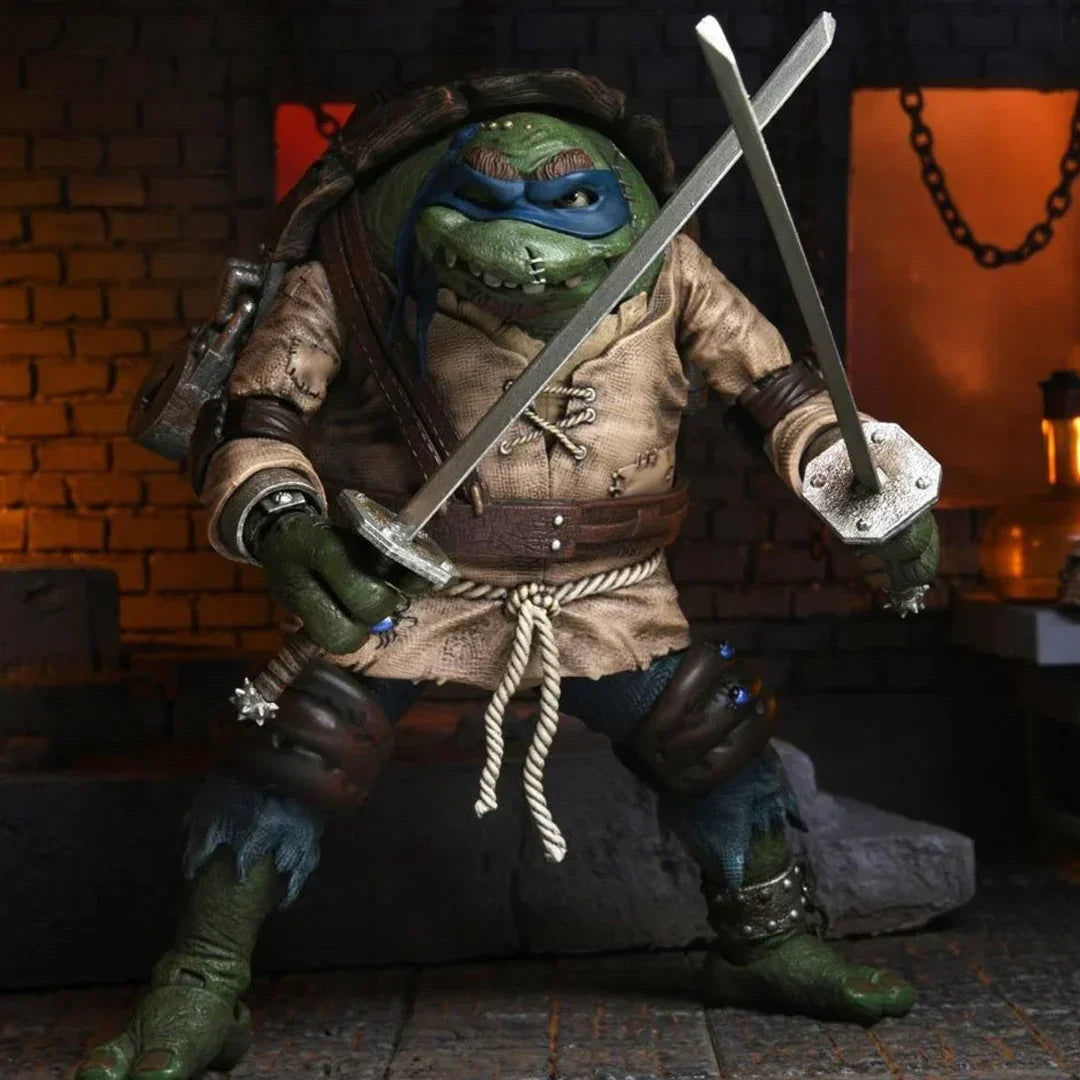 Action figure of a masked ninja turtle with swords in a detailed, brick-walled toy diorama