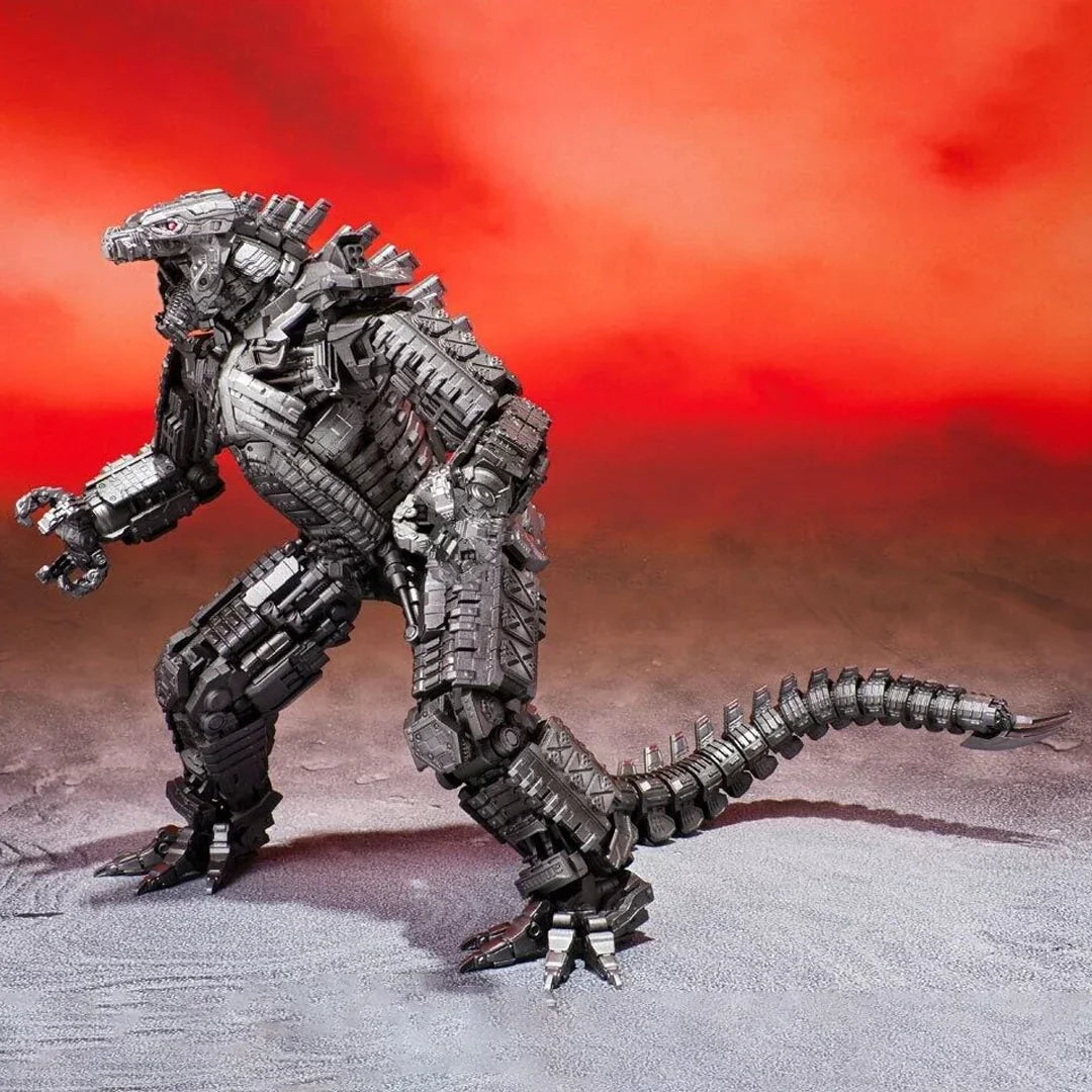 Mechagodzilla action figure collectible toy with metallic details on a dramatic red background