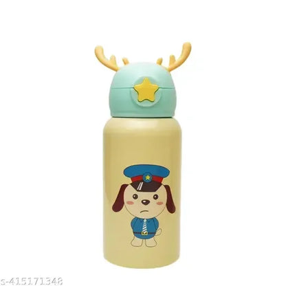 Deer Stainless Steel Water Bottle For Kids with carry bag, additional cup and sipper 500 ML (Cream) - Jaiman Toys