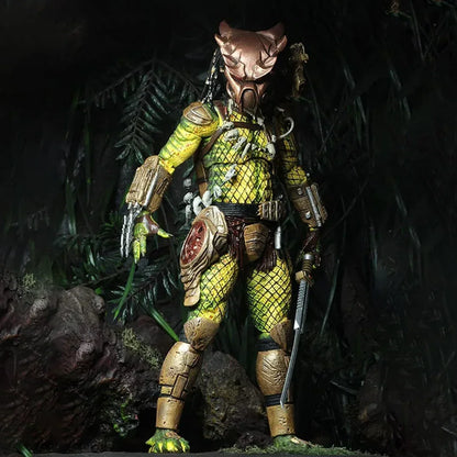 Collectible alien action figure with detailed armor and weapons posed in jungle setting