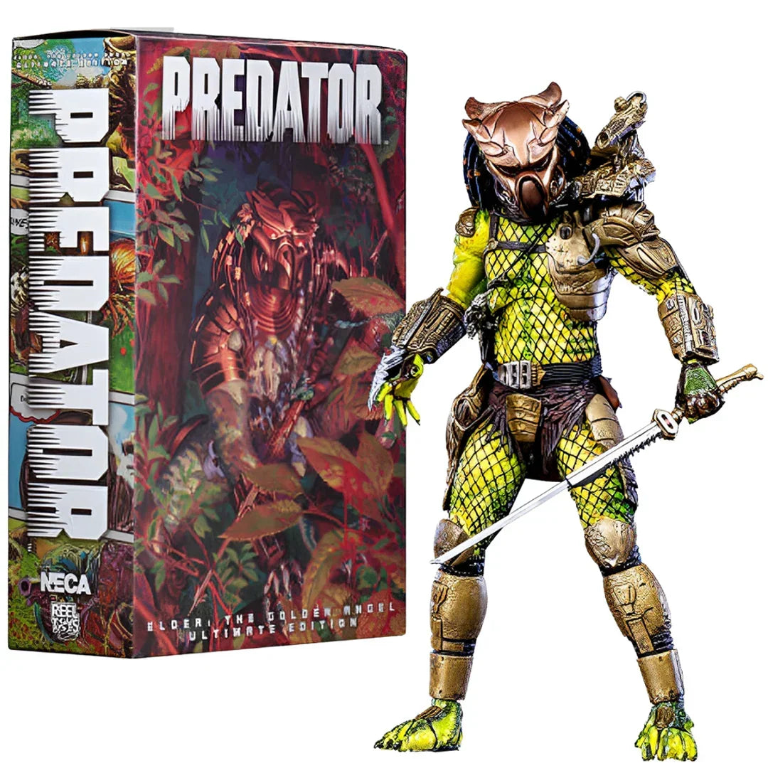 Predator action figure collectible with sword, detailed armor, and illustrated box packaging.