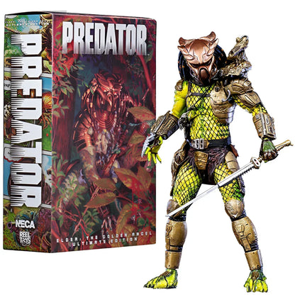 Predator action figure collectible with sword, detailed armor, and illustrated box packaging.