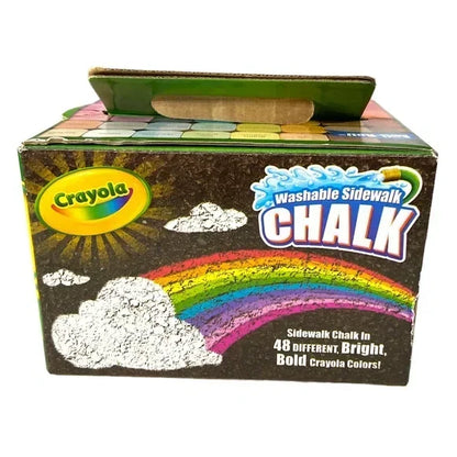 Box of washable sidewalk chalk with rainbow and clouds, includes 48 bright colors.