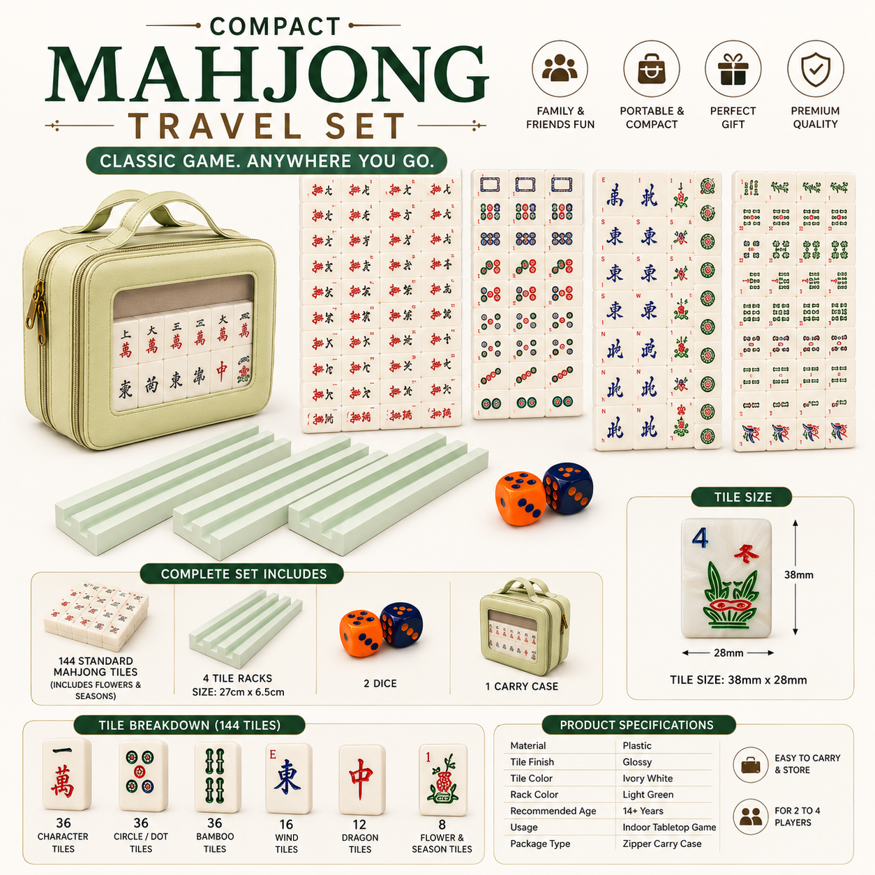 MOJO Compact Mahjong Set with Carry Case, 144 Tiles, Racks, Mat & Dice- 35mm Tiles