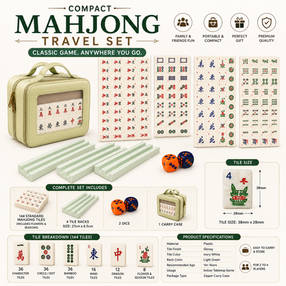 MOJO Compact Mahjong Set with Carry Case, 144 Tiles, Racks, Mat & Dice- 35mm Tiles