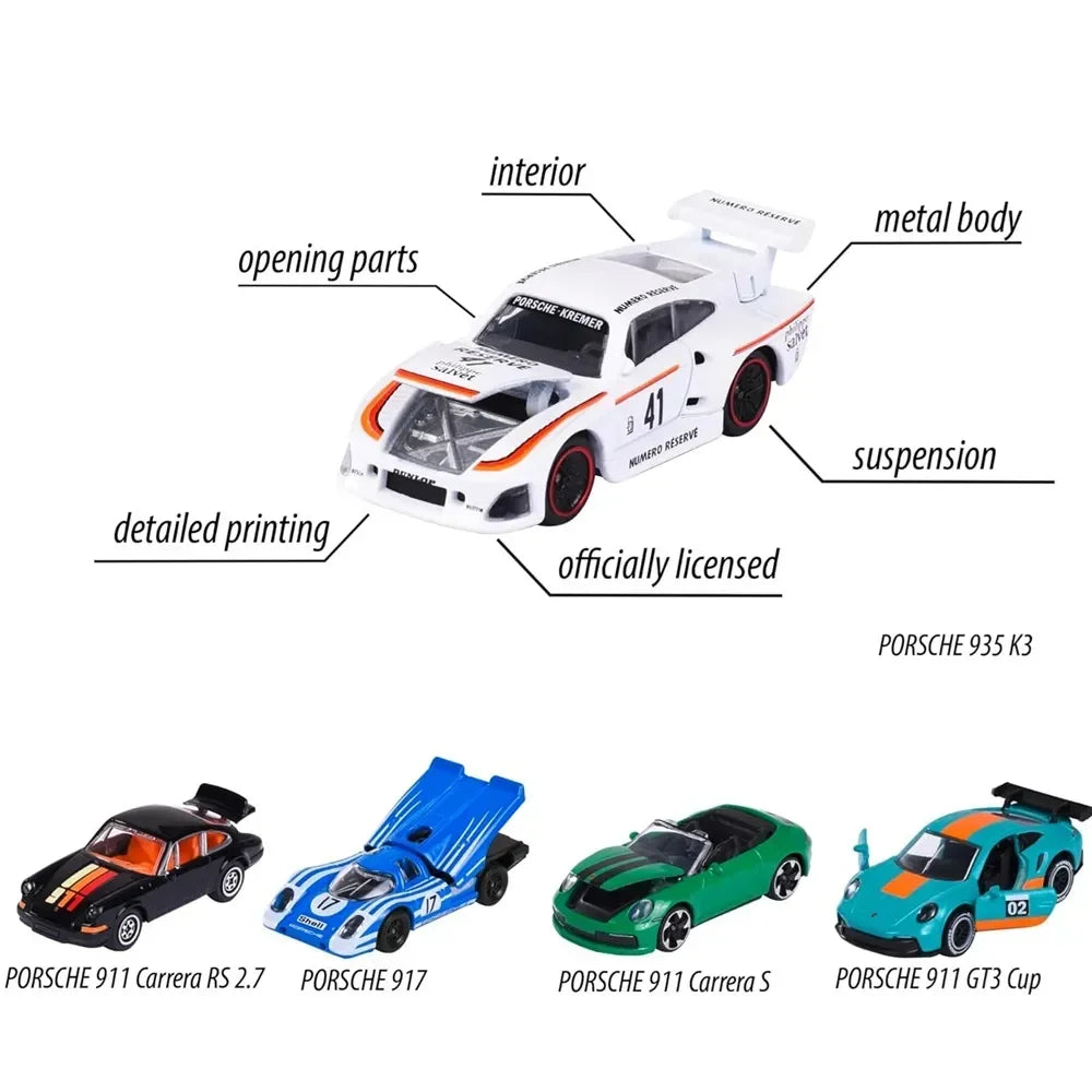 Majorette Porsche Edition Diecast Car Gift Pack – Set of 5 Porsche Model Cars | Premium Metal Collectible Vehicles with Opening Parts