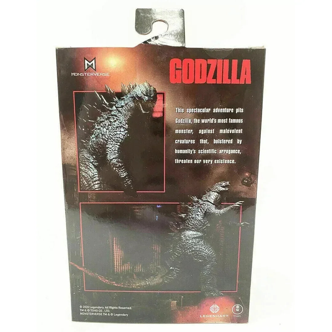 Back of Monsterverse Godzilla action figure box featuring Godzilla toy images and description.