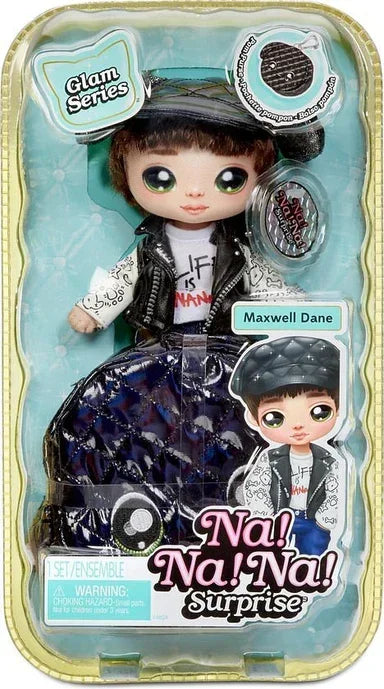 Na Na Na Surprise Glam Series Maxwell Dane Fashion Doll and Metallic Puppy Purse, Brunette Hair, Cute Dog Ear Hat Outfit & Accessories - Jaiman Toys
