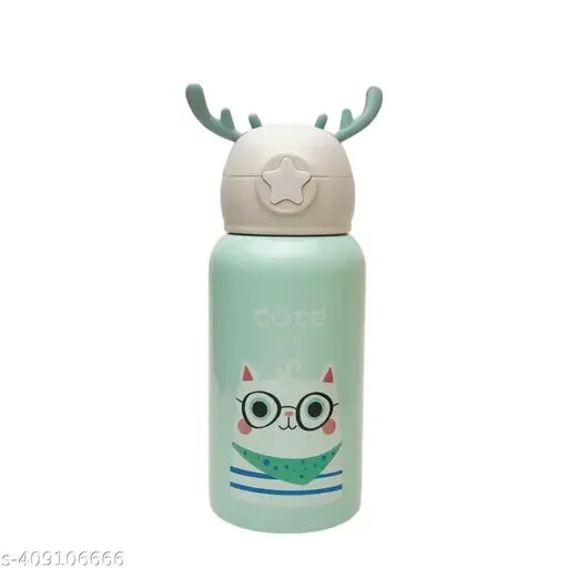 Deer Stainless Steel Water Bottle For Kids with carry bag, additional cup and sipper 500 ML (Green) - Jaiman Toys
