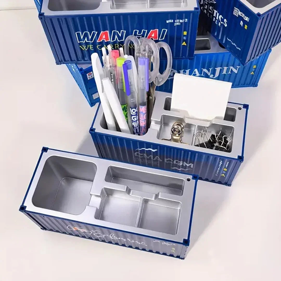 Shipping Container Style Pen Holder – Creative Desk Organizer with Open Top Storage | Industrial Office & Study Table Accessory