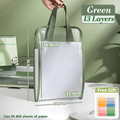 Transparent A4 Document Storage Bag with Handle – Clear File Organizer with 13 Layer Folder for School & Office