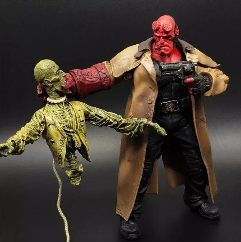 Action figure in brown coat holding zombie figure with outstretched arms, collectible toy scene.