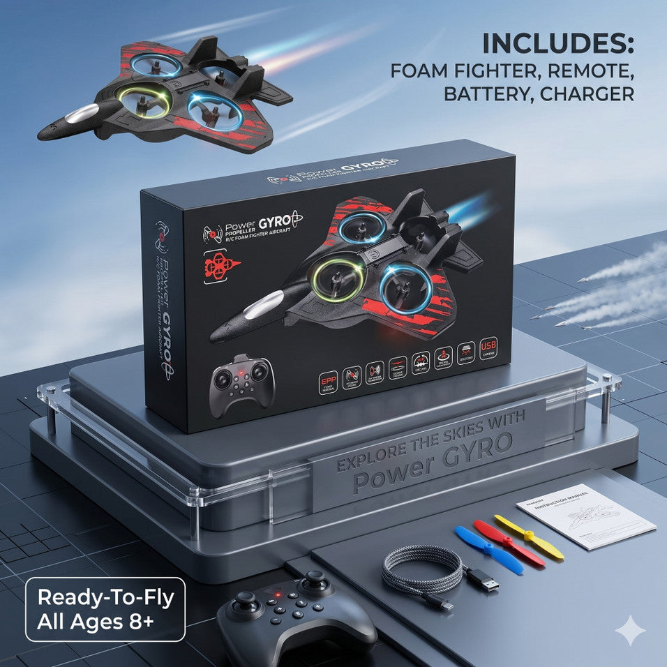 Power Gyro Propeller R/C Foam Fighter Aircraft | 2.4GHz Remote Control Foam Aircraft with Gyroscope Stabilization, LED Lights & USB Rechargeable Battery | Ready-to-Fly RC Jet for Kids & Adults