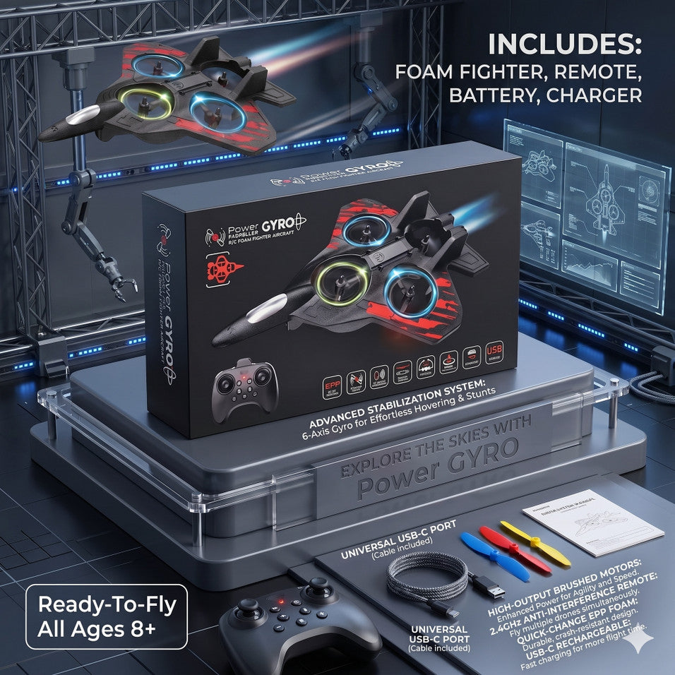 Power Gyro Propeller R/C Foam Fighter Aircraft | 2.4GHz Remote Control Foam Aircraft with Gyroscope Stabilization, LED Lights & USB Rechargeable Battery | Ready-to-Fly RC Jet for Kids & Adults