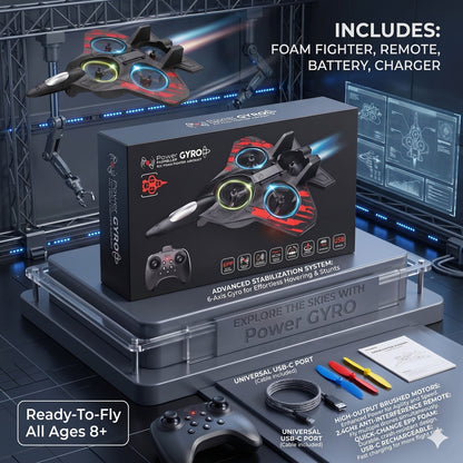 Power Gyro Propeller R/C Foam Fighter Aircraft | 2.4GHz Remote Control Foam Aircraft with Gyroscope Stabilization, LED Lights & USB Rechargeable Battery | Ready-to-Fly RC Jet for Kids & Adults