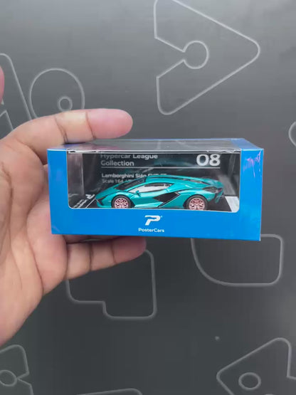 PosterCars 1:64 H08 – Lamborghini Sián FKP 37 (Blu Uranus) with Acrylic Box | Hypercar League Collection