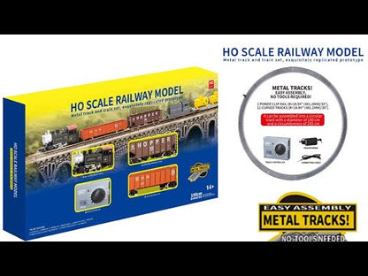 HANFLY 66100A Scale Electric Steam Locomotive Train Set 1:87 with Metal Tracks | Alloy Engine, Cargo Wagon, Speed Controller | Classic Railway Model Toy Gift