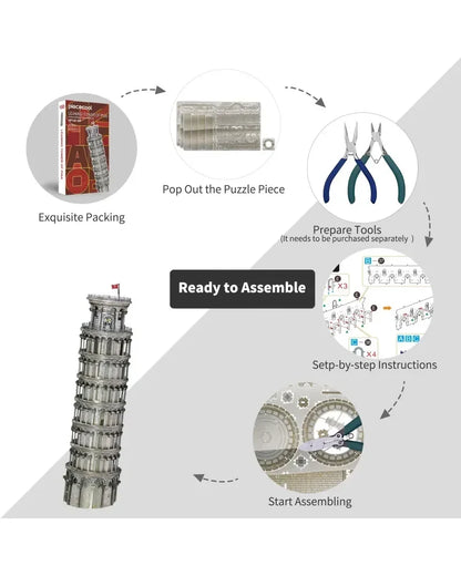 Piececool 3D Metal Puzzle Leaning Tower of Pisa Architecture Model – 127 Pieces – Difficulty Level 4 – Stainless Steel DIY Model Kit- Age 14+