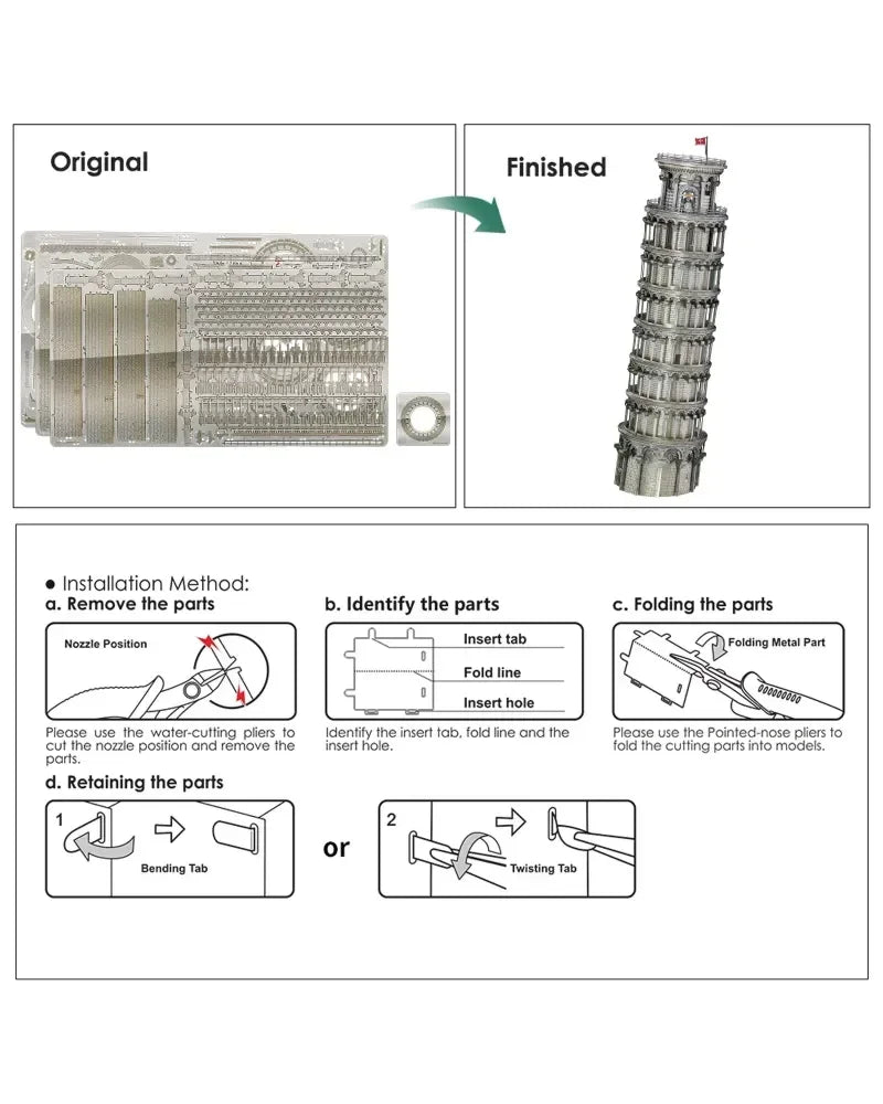 Piececool 3D Metal Puzzle Leaning Tower of Pisa Architecture Model – 127 Pieces – Difficulty Level 4 – Stainless Steel DIY Model Kit- Age 14+
