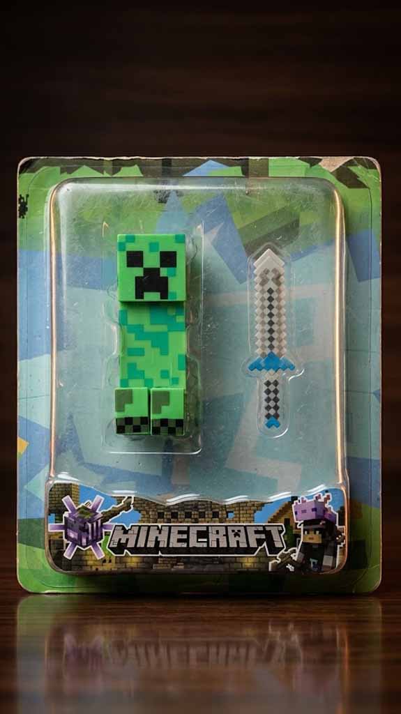 (Damaged Pack) Minecraft Creeper Action Figure with Pixel Sword Accessory | Block Style Collectible Toy for Kids 3+