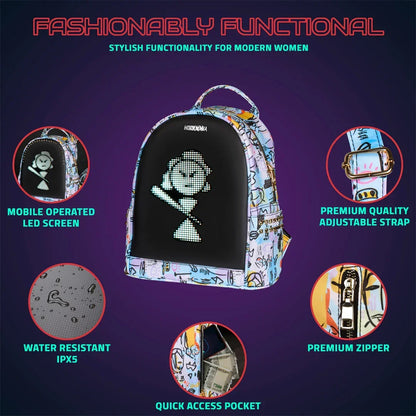HOOKABA Dazz Roll Women’s LED Backpack – App-Controlled Pixel Display, Stylish Waterproof Bag (14L) - White - Jaiman Toys