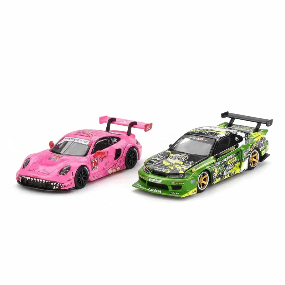 Mini GT 1:64 Roxy Porsche 911 GT3 R #77 AO Racing 2024 IMSA Road America + Nissan LB-Super Silhouette S15 Silvia #555 V2 2024 Formula Drift Japan RHD – Diecast Scale Model Car Duo Set