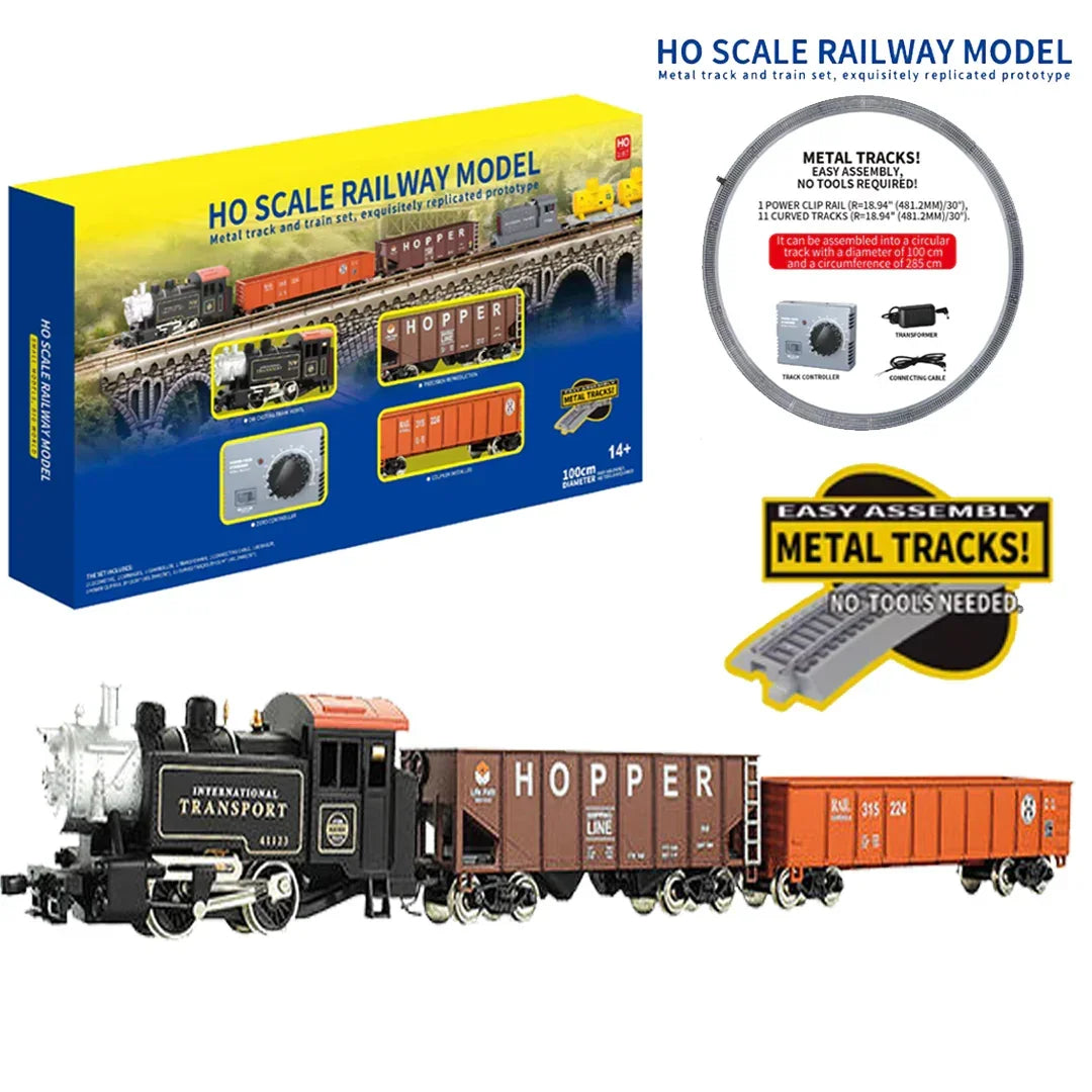HANFLY 66100A Scale Electric Steam Locomotive Train Set 1:87 with Metal Tracks | Alloy Engine, Cargo Wagon, Speed Controller | Classic Railway Model Toy Gift
