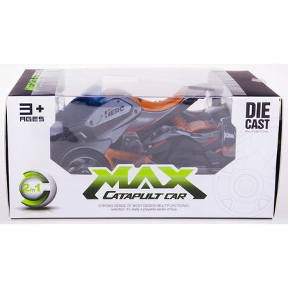 Max Catapult Car 2-in-1 Die Cast Transform Bike Toy – Push & Launch Action Vehicle for Kids (Orange Edition, 3+ Years)