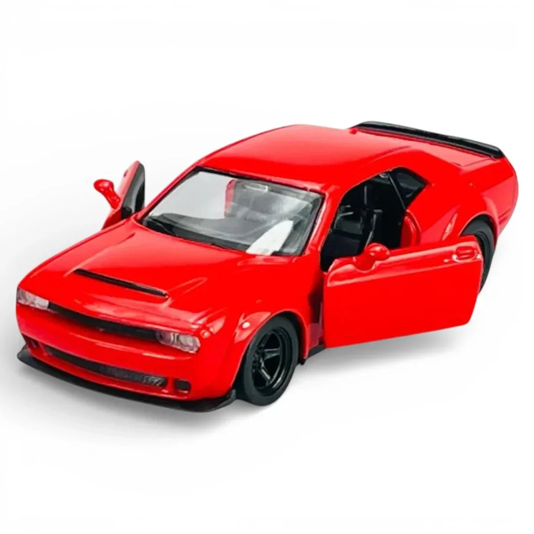 RMZ City 1:36 Dodge Challenger SRT Demon Die-Cast Car | Licensed Collectible with Opening Doors & Pull-Back Action | Metal Model Toy (Red / Yellow)