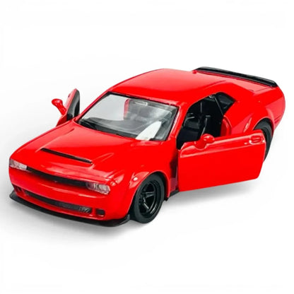 RMZ City 1:36 Dodge Challenger SRT Demon Die-Cast Car | Licensed Collectible with Opening Doors & Pull-Back Action | Metal Model Toy (Red / Yellow)
