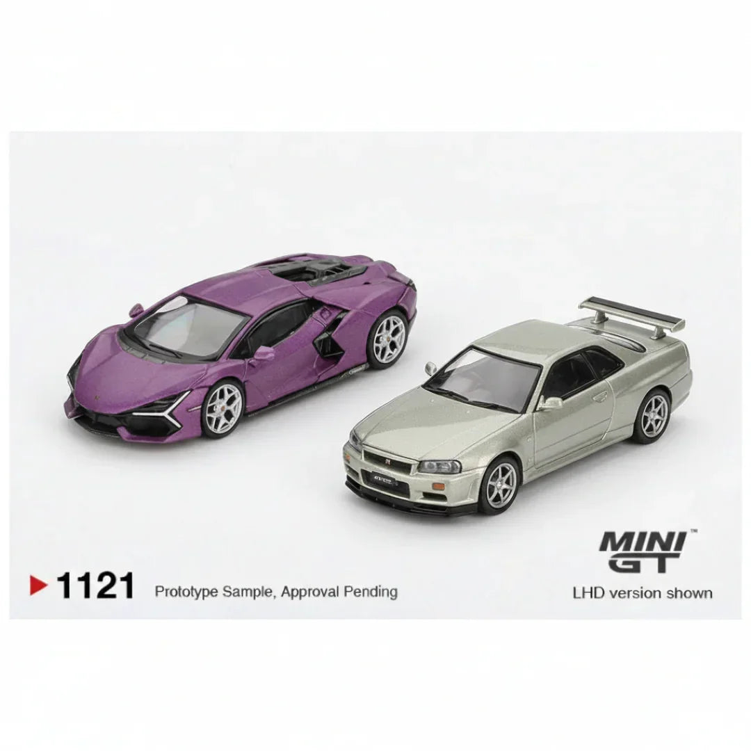 Mini GT 1:64 Duo Diecast Set – Lamborghini Revuelto Viola 30th Matte + Nissan Skyline GT-R R34 Millennium Jade Collectibles