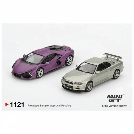 Mini GT 1:64 Duo Diecast Set – Lamborghini Revuelto Viola 30th Matte + Nissan Skyline GT-R R34 Millennium Jade Collectibles