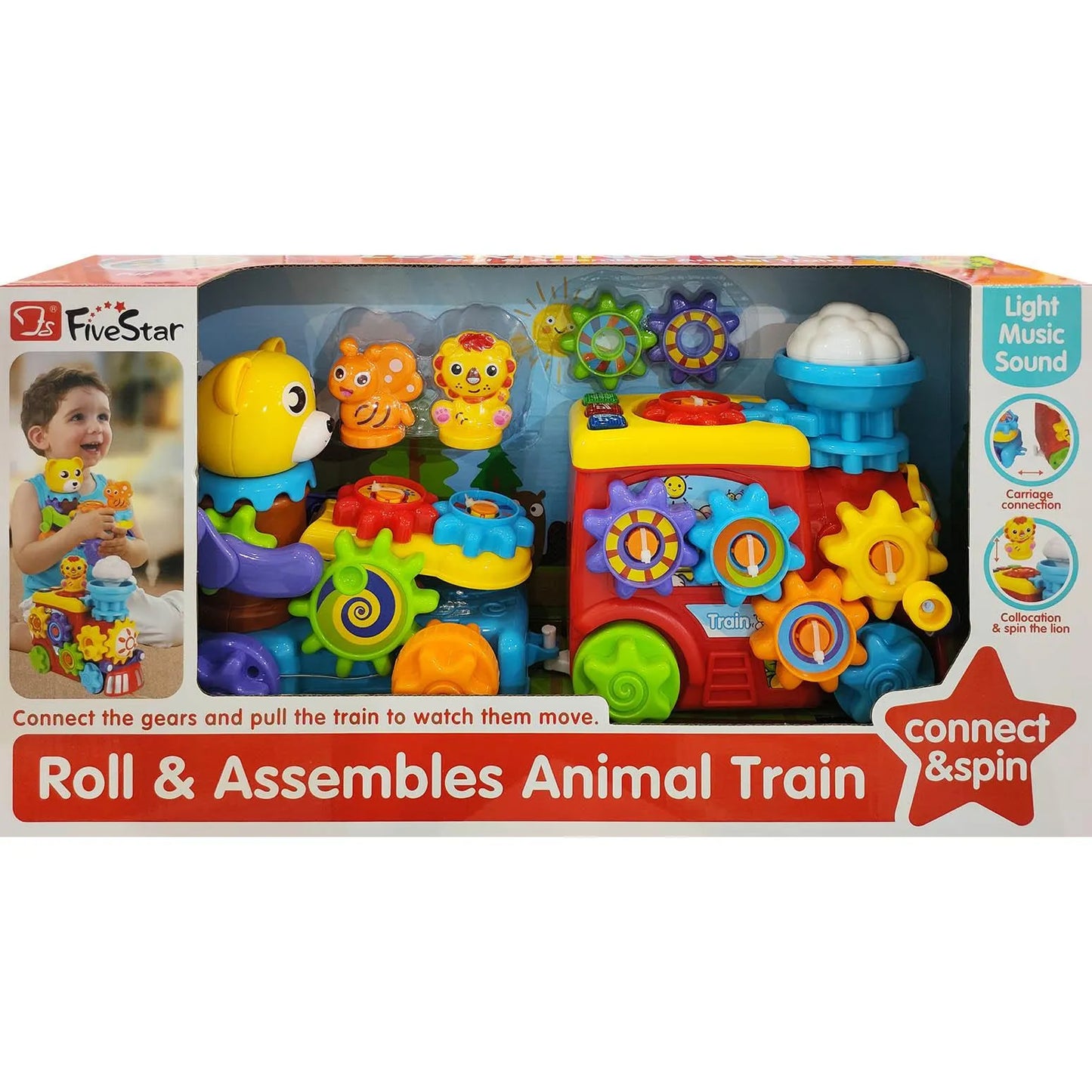 Five Star Roll & Assemble Animal Train Toy – Gear Connection Train with Light, Music & Spinning Animal Figures for Toddlers