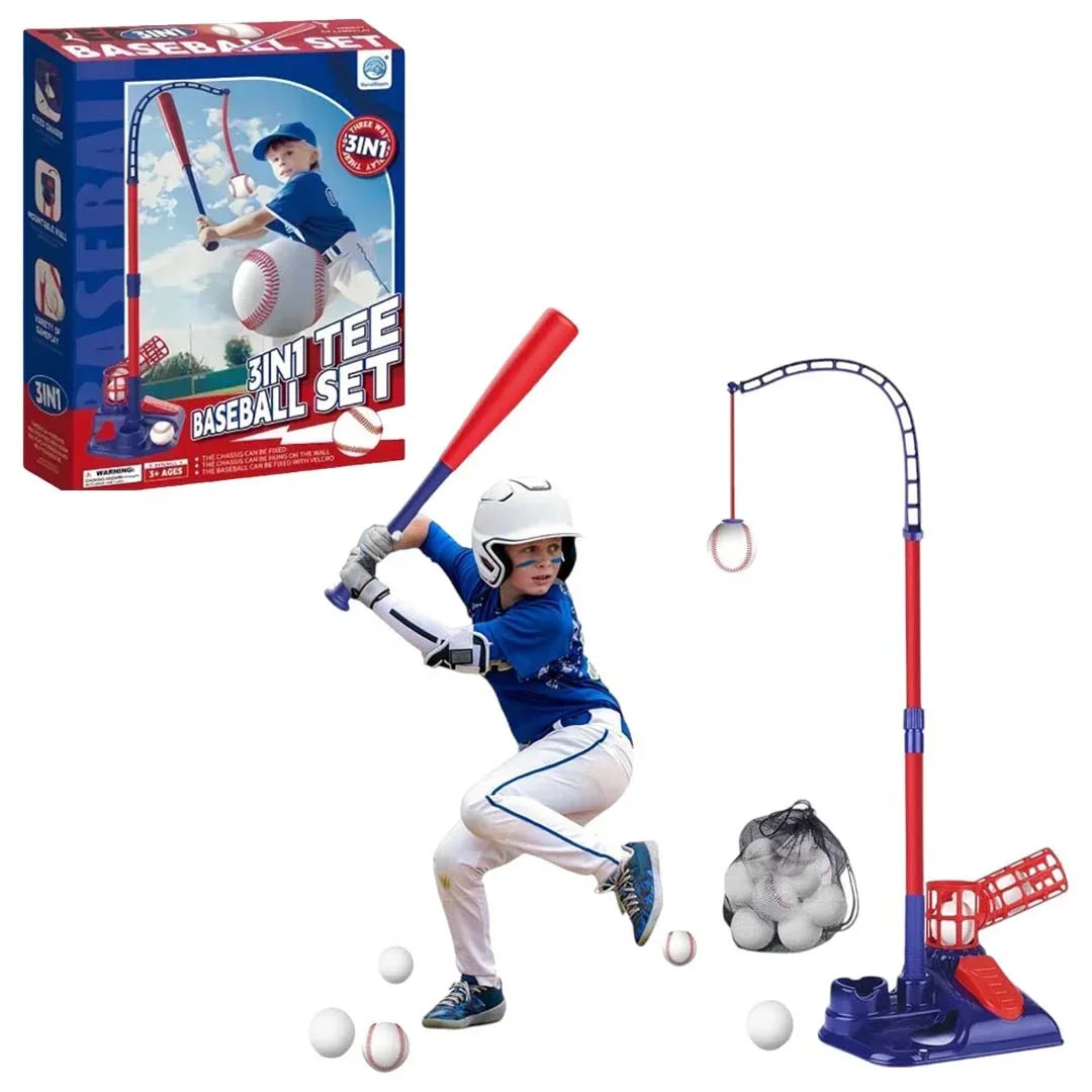 3-in-1 Kids Baseball Set – Tee Stand, Hanging Tee & Ball Launcher with 6 Balls | Adjustable Height Outdoor Game (Ages 3–12) - Jaiman Toys