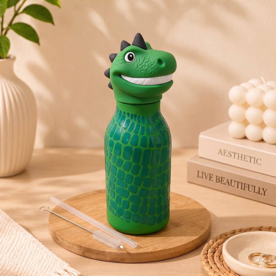 AFRESH 365 Animal Head Collection Dinosaur Stainless Steel Vacuum Insulated Water Bottle 450ml (16oz) with Straw & Cleaning Brush (Copy)