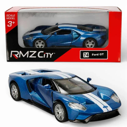 RMZ City Ford GT 1:36 Die-Cast Sports Car | Pull Back & Go | Openable Doors | Blue / Grey Variants