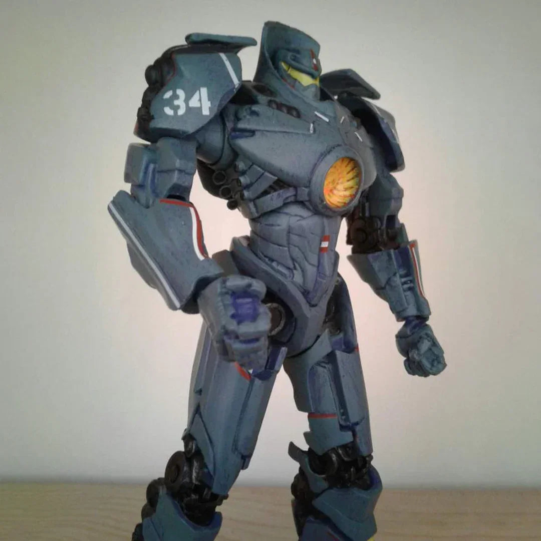 Detailed blue robot action figure with number 34 on shoulder, collectible toy for kids
