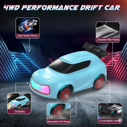 Mini 4WD Q197 1:64 Scale LED Drift RC Car – 2.4GHz Remote Control, Type-C Fast Charge, Adjustable Drift Modes (Blue)