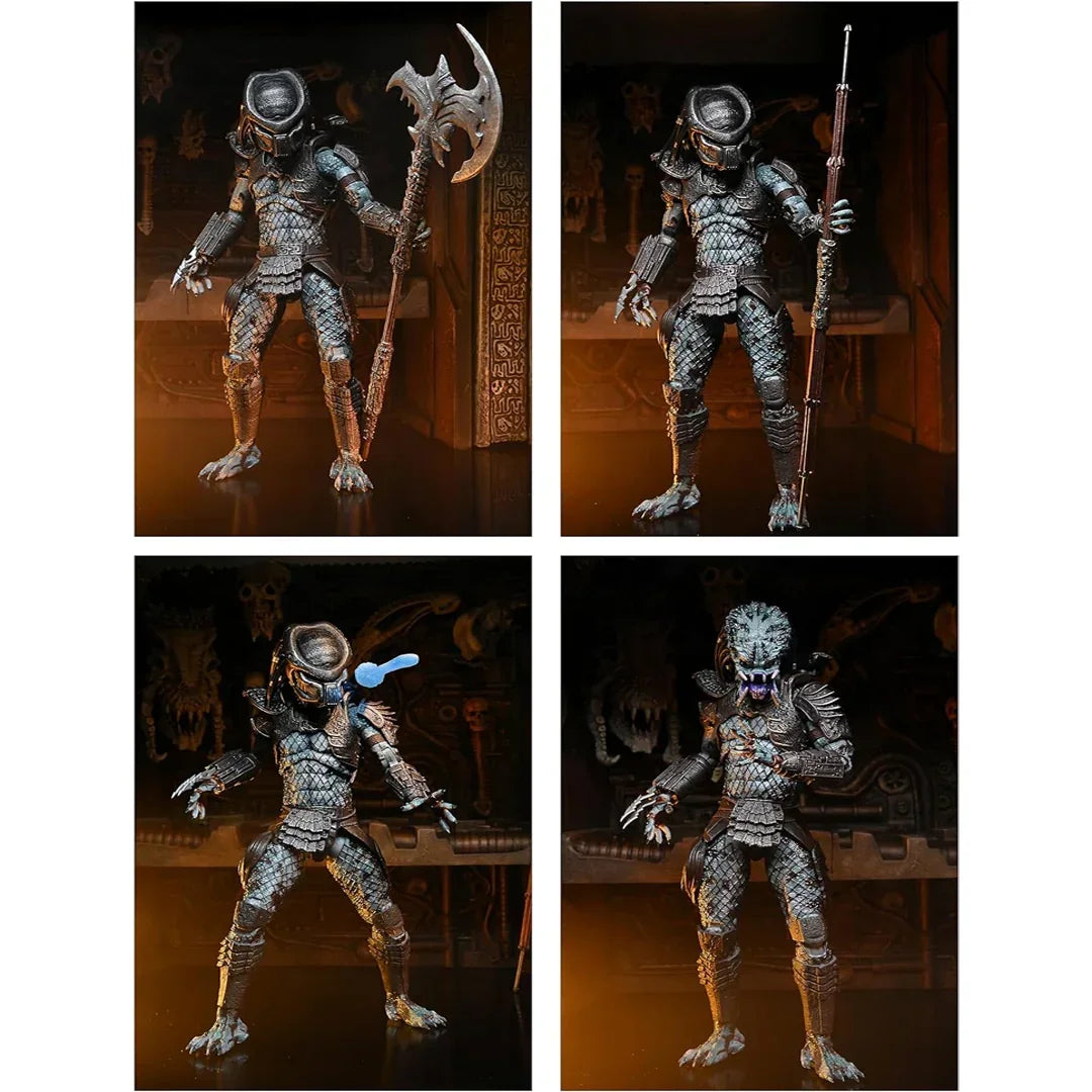 Detailed action figure of armored alien warrior with weapons and mask, collectible toy.