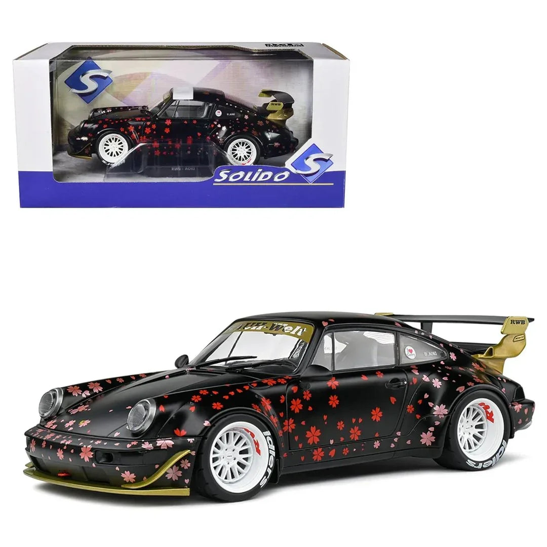 2021 RWB Aoki Matt Black with Cherry Blossom Graphics "Rauh WeltBegriff" 1/18 Diecast Model Car by Solido - Jaiman Toys
