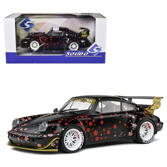 2021 RWB Aoki Matt Black with Cherry Blossom Graphics "Rauh WeltBegriff" 1/18 Diecast Model Car by Solido - Jaiman Toys