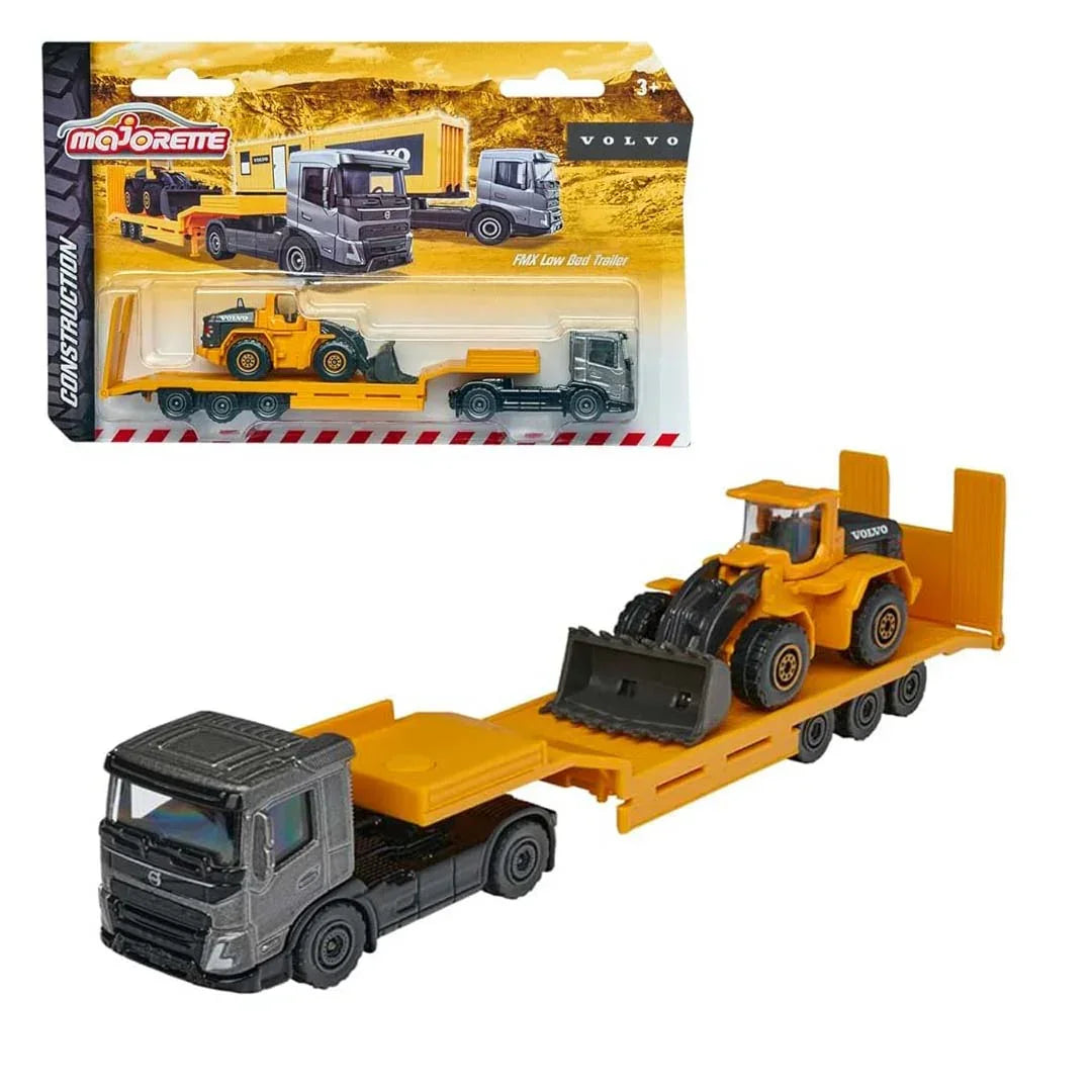 Majorette Construction Volvo Transporter Truck – FMX Low Bed Trailer Diecast Pack of 1 - Jaiman Toys
