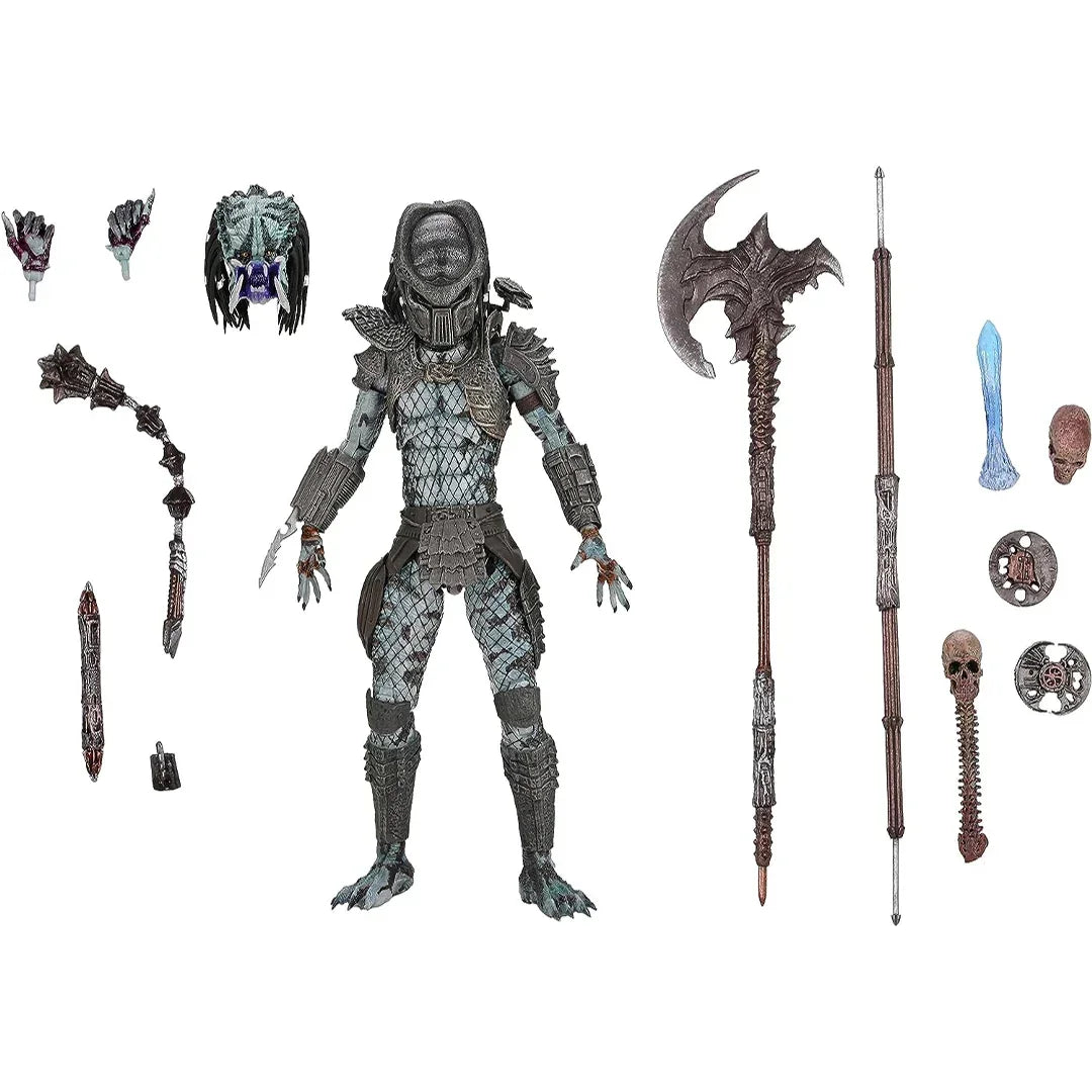 Action figure of armored alien with weapons, interchangeable heads, hands, and accessories.
