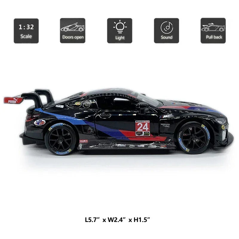 RMZ Hobby 1:32 BMW M8 GTE Die-Cast Model Car – Black |Pull Back, Openable Doors, Light & Sound (664996)